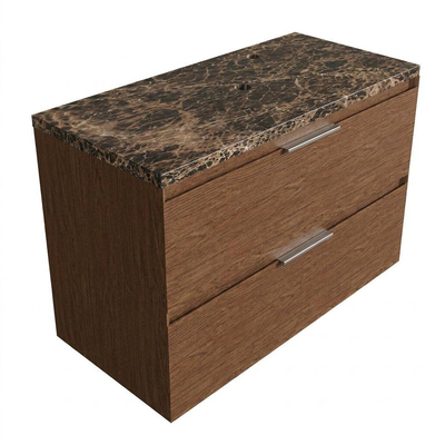 Saniclass Holz Pure Ensemble meuble de salle de bains - 100x45x63cm - Plan de travail en pierre naturelle Noche dark emperador - 1 trou de robinet - 2 tiroirs - noyer pure mat (bois)
