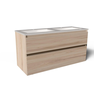 Saniclass Vita Meuble de salle de bain - 120x60x46cm -2 tiroirs - sans poignée - 2 vasques - 2 trous de robinet - trop-plein - céramique - chêne clair