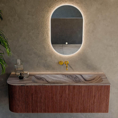 MONDIAZ KURVE-DLUX 135cm badmeubel ronding Links kleur Ruby met 1 lade en 1 deur. Wastafel BIG MEDIUM Rechts zonder kraangat Sombra.