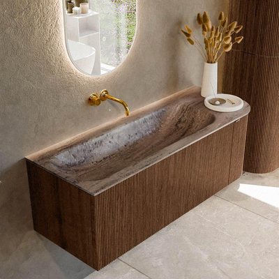 MONDIAZ KURVE-DLUX Meuble de salle de bains 125cm arrondi à droite couleur Walnut avec 1 tiroir et 1 porte. Lavabo BIG MEDIUM gauche sans trou de robinet Oza.