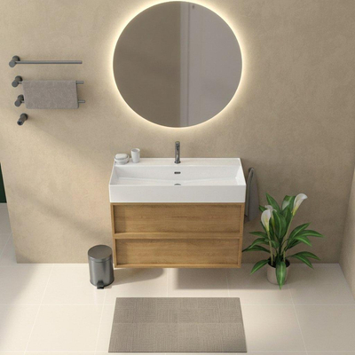 Saniclass Holz Frame Ensemble meuble de salle de bains - 100x45x72cm - Legend lavabo en céramique blanc - 1 vasque - 1 trou de robinetterie - 2 tiroirs - chêne natural mat (bois)