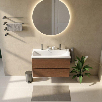 Saniclass Holz Pure Ensemble meuble de salle de bains - 100x45x63.5cm - Bari lavabo en céramique blanc - 1 vasque - 2 trous de robinetterie - 2 tiroirs - walnut pure mat (bois)