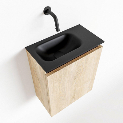 MONDIAZ TURE Fonteinset - 40x23x50cm - 0 kraangaten - 1 deur - washed oak mat - Wasbak links - Solid Surface Zwart