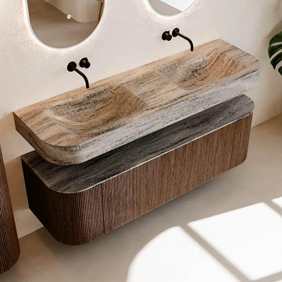 MONDIAZ THOR-DLUX 150cm badmeubel ronding links + rechts kleur Walnut met 1 lade en 2 deuren. Vrijhangende wastafel CLOUD Dubbel zonder kraangat kleur Oza.