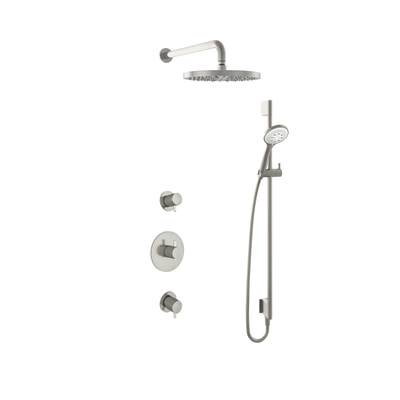 Hotbath get together ibs2r kit de douche thermostatique comprenant un inverseur 2 voies avec 3 positions douche à main avec tête ronde de 30cm douche avec rail coulissant de 90cm avec évacuation intégrée nickel brossé