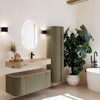 MONDIAZ THOR-DLUX 110cm meuble de salle de bains arrondi gauche + droite couleur Shadow avec 1 tiroir et 2 portes. Vasque suspendue CLOUD Droite 1 trou de robinet couleur Arena.