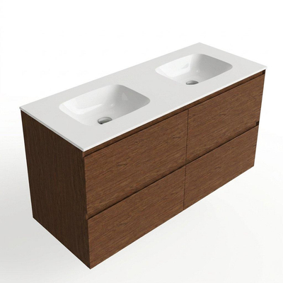 Saniclass Holz Pure Ensemble meuble de salle de bains - 120x45x61.5cm - Flow lavabo en solid surface blanc - 2 vasques - sans trous de robinetterie - 4 tiroirs - noyer pure mat (bois)