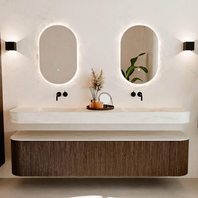 MONDIAZ THOR-DLUX 200cm meuble de salle de bains arrondi gauche + droite couleur Walnut avec 2 tiroirs et 2 portes. Vasque suspendue CLOUD Double sans trou de robinet couleur Meli.