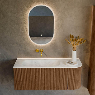 MONDIAZ KURVE-DLUX 115cm Meuble salle de bain avec module 25 D - couleur Walnut - 1 tiroir - 1 porte - vasque BIG SMALL gauche - sans trou de robinet - couleur Opalo