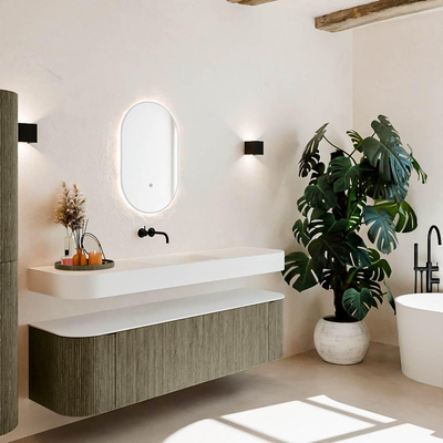 MONDIAZ THOR Meuble de salle de bains 170cm arrondi gauche + droite couleur Shadow avec 1 tiroir et 2 portes. Vasque suspendue CLOUD Milieu sans trou de robinet couleur Talc.