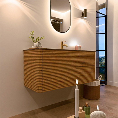 Mondiaz CIRO-DLUX Ensemble meuble de salle de bains - 110x45x50cm - vasque solid surface Oza - 1 bac à droite - 1 trou de robinet - 2 tiroirs - Chêne