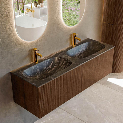 MONDIAZ KURVE-DLUX 140cm badmeubel kleur Walnut met 2 lades. Wastafel STOR SMALL dubbel 2 kraangaten kleur Lava.