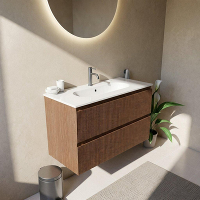 Saniclass Holz Atelier Ensemble meuble de salle de bains - 100x45x73.9cm - lavabo en céramique Chaci blanc - 1 vasque - 1 trou de robinet - 2 tiroirs - noyer pure mat (bois)