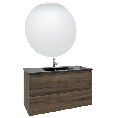 Saniclass Chaci Ensemble meuble de salle de bains - 100x46x55cm - lavabo céramique noir - 1 vasque - 1 trou de robinet - 2 tiroirs - miroir rond avec éclairage - noyer (bois)