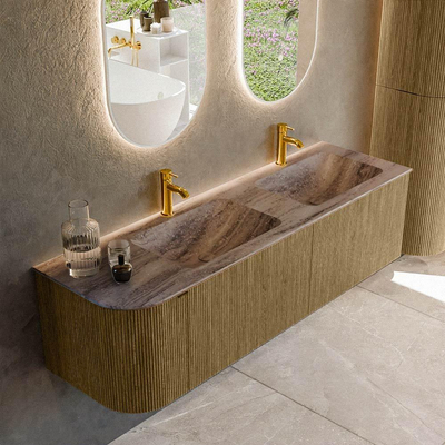 MONDIAZ KURVE-DLUX Meuble de salle de bains 155cm arrondi à gauche couleur Dusk avec 2 tiroirs et 1 porte. Lavabo LEAF Double / 2 trous de robinet à droite Oza.