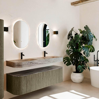 MONDIAZ THOR-DLUX 160cm meuble de salle de bains arrondi gauche + droite couleur Shadow avec 1 tiroir et 2 portes. Vasque suspendue CLOUD Double 2 trous de robinet couleur Oza.