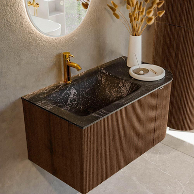 MONDIAZ KURVE-DLUX 85cm badmeubel met module 25 R kleur Walnut met 1 lade en 1 deur. Wastafel CLOUD links 1 kraangat kleur Lava.