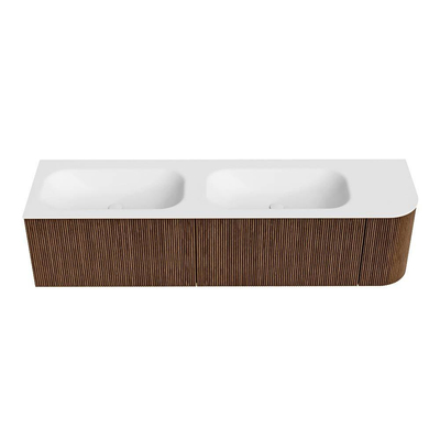 MONDIAZ KURVE 175cm Meuble salle de bain avec module 25 D - couleur Walnut - 2 tiroirs - 1 porte - vasque BIG SMALL double / gauche - 2 trous de robinet - Talc