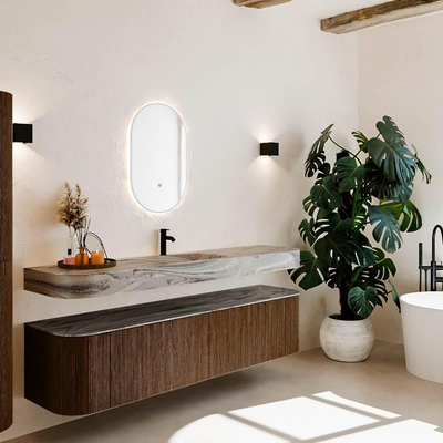 MONDIAZ THOR-DLUX Meuble de salle de bains 190cm arrondi gauche + droite couleur Walnut avec 2 tiroirs et 2 portes. Vasque suspendue CLOUD Milieu 1 trou de robinet couleur Sombra.