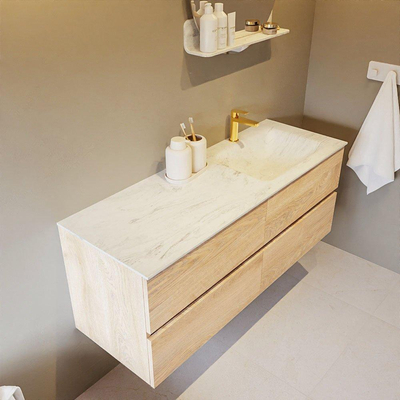 MONDIAZ VICA-DLUX Ensemble meuble de salle de bains - 130cm - meuble bas Washed oak - 4 tiroirs - lavabo encastré cloud à droite - 1 trou de robinet - version haute 60cm - opalo