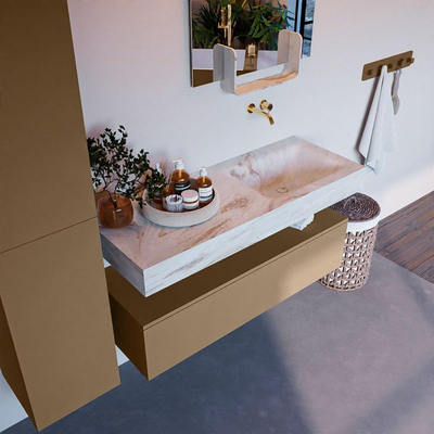 Mondiaz ALAN-DLUX Ensemble de meuble - 120cm - meuble Oro mat - 1 tiroir - Lavabo Cloud Frappe suspendu - vasque Droite - 0 trous de robinet