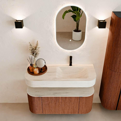 MONDIAZ THOR-DLUX Meuble de salle de bains 110cm arrondi gauche + droite couleur Ruby avec 1 tiroir et 2 portes. Vasque suspendue CLOUD Droite 1 trou de robinet couleur Meli.