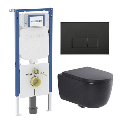 QeramiQ Dely Swirl Pack WC - 36,3x51,7cm - réservoir encastré Geberit UP720 Duofix Sigma - assise 35mm - plaque de déclenchement noire mate - boutons rectangulaires - noir mat