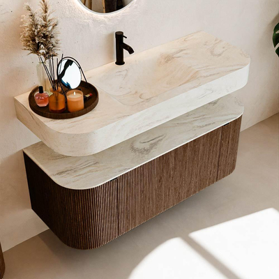 MONDIAZ THOR-DLUX 120cm badmeubel ronding links + rechts kleur Walnut met 1 lade en 2 deuren. Vrijhangende wastafel CLOUD Midden 1 kraangat kleur Ostra.