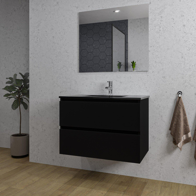 Saniclass Chaci Meuble de salle de bain - 80x46x55cm - lavabo en céramique noir - 1 vasque - 1 trou de robinet - 2 tiroirs - miroir rectangulaire - noir mat
