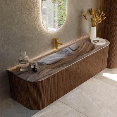 MONDIAZ KURVE-DLUX Meuble de salle de bains 160cm arrondi Gauche + Droite couleur Walnut avec 1 tiroir et 2 portes. Plan-vasque BIG MEDIUM Central 1 trou de robinet Sombra.