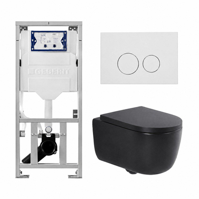 QeramiQ Dely Swirl Toiletset - 36.3x51.7cm - Geberit UP320 inbouwreservoir - met Burda frame - 35mm zitting - glans witte bedieningsplaat - ronde knoppen - mat zwart
