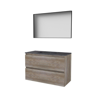 Basic-Line Framed 46 badkamermeubelset - 100x46cm - greeploos - 2 lades - hardsteen wastafel - 0 kraangaten - Spiegel - mat zwart aluminium frame - rondom - MFC Scotch Oak