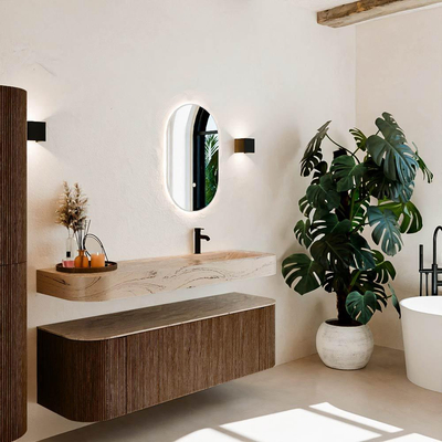 MONDIAZ THOR-DLUX 150cm meuble de salle de bains arrondi gauche + droite couleur Walnut avec 1 tiroir et 2 portes. Vasque suspendue CLOUD Droite 1 trou de robinet couleur Arena.