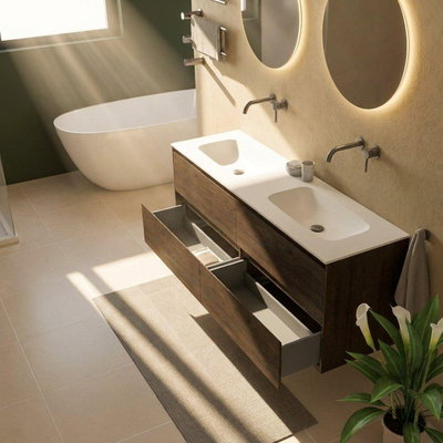 Saniclass Holz Pure Ensemble de meuble de salle de bains - 160x45x61.5cm - Flow lavabo en solid surface blanc - 2 vasques - sans trous de robinetterie - 4 tiroirs - chêne charcoal mat (bois)
