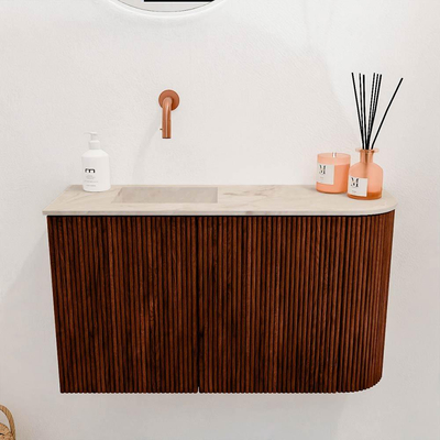Mondiaz JOYA-DLUX 71.6cm toiletmeubel - ronding rechts kleur Ruby - Wastafel FAYE positie Links Zonder kraangat kleur Frappe.
