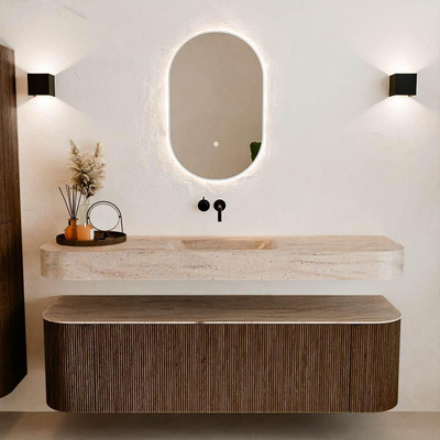 MONDIAZ THOR-DLUX 160cm badmeubel ronding links + rechts kleur Walnut met 1 lade en 2 deuren. Vrijhangende wastafel CLOUD Midden zonder kraangat kleur Saba.