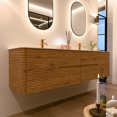 Mondiaz CIRO-DLUX Badkamermeubelset - 190x45x50cm - Solid surface wastafel Meli - 2 wasbak Dubbel - 2 kraangaten - 4 lades - Oak