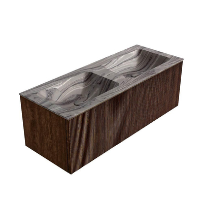 MONDIAZ KURVE-DLUX Meuble de salle de bains 120cm couleur Walnut avec 1 tiroir et 0 portes. Lavabo LEAF Double 2 trous de robinet Sombra.