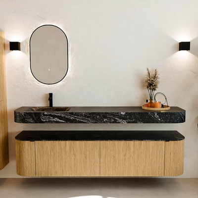 MONDIAZ THOR-DLUX Meuble de salle de bains 190cm arrondi gauche + droite couleur Oak avec 2 tiroirs et 2 portes. Vasque suspendue CLOUD Gauche 1 trou de robinet couleur Lava.