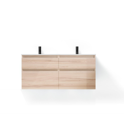 Saniclass Prime Vita Meuble de salle de bain - 140x46x60cm - lavabo en céramique brillant blanc - 2 vasques - 2 trous de robinet - 4 tiroirs - chêne clair