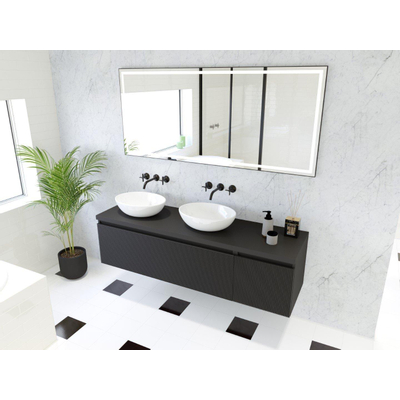 HR badmeubelen Matrix 3D badkamermeubelset 160cm 2 lades greeploos met greeplijst en zij-kast in kleur Zwart mat