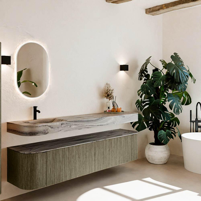 MONDIAZ THOR-DLUX 200cm meuble de salle de bains arrondi gauche + droite couleur Shadow avec 2 tiroirs et 2 portes. Vasque suspendue CLOUD Gauche 1 trou de robinet couleur Sombra.