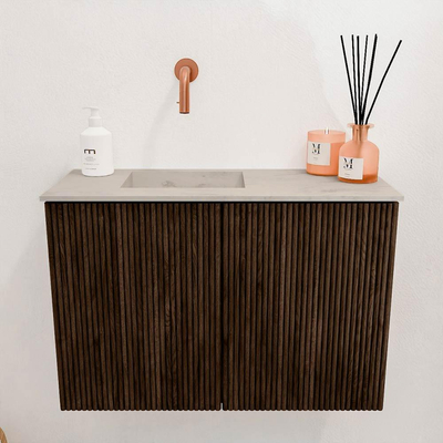 Mondiaz JOYA-DLUX 60cm toiletmeubel - kleur Walnut - Wastafel FAYE positie Links Zonder kraangat kleur Opalo.