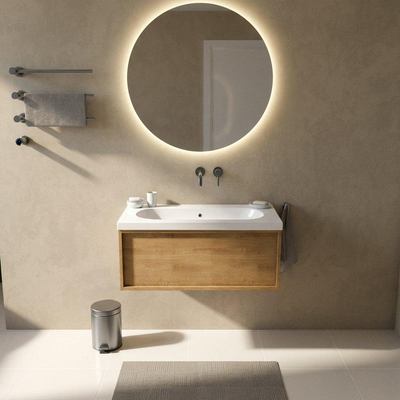 Saniclass Holz Frame Ensemble de meubles de salle de bains - 100x45x43.5cm - lavabo en céramique Palermo blanc - 1 vasque - sans trou de robinet - 1 tiroir - chêne naturel mat (bois)