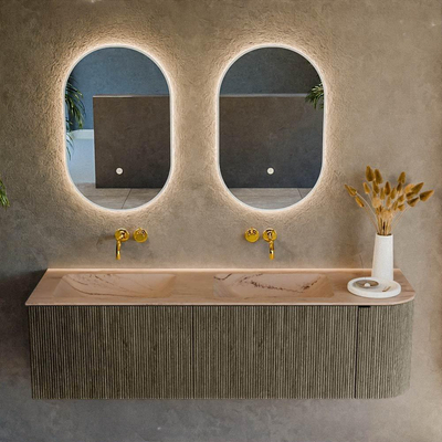 MONDIAZ KURVE-DLUX meuble de salle de bains 155cm arrondi à droite couleur Shadow avec 2 tiroirs et 1 porte. Lavabo LEAF double / gauche sans trou de robinet Arena.