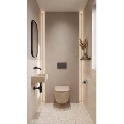 QeramiQ Dely Swirl Toiletset - inbouwreservoir Qeramiq Flush - 35mm zitting - natuursteen donker marmeren bedieningsplaat - ronde knoppen - beige