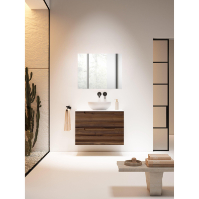 Saniclass Prime Balance Ensemble meuble de salle de bains - 80x55x45cm - 1 vasque ovale en céramique blanche - 1 trou de robinet - 2 tiroirs - miroir rectangulaire - noyer