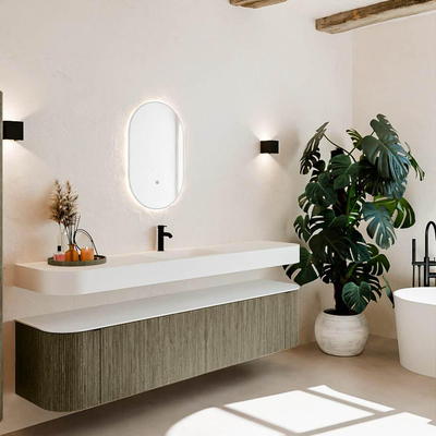 MONDIAZ THOR Meuble de salle de bains 200cm arrondi gauche + droite couleur Shadow avec 2 tiroirs et 2 portes. Vasque suspendue CLOUD Milieu 1 trou de robinet couleur Talc.