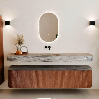 MONDIAZ THOR-DLUX Meuble de salle de bains 190cm arrondi gauche + droite couleur Ruby avec 2 tiroirs et 2 portes. Vasque suspendue CLOUD Milieu sans trou de robinet couleur Sombra.