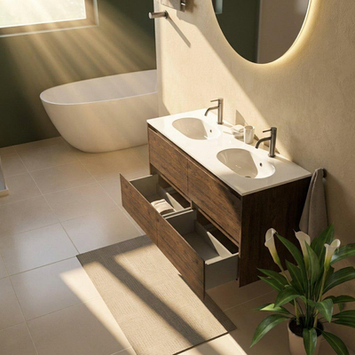 Saniclass Holz Pure Ensemble de meubles de salle de bains - 120x45x74cm - lavabo Chaci en céramique blanc - 2 vasques - 2 trous de robinetterie - 4 tiroirs - chêne charcoal mat (bois)